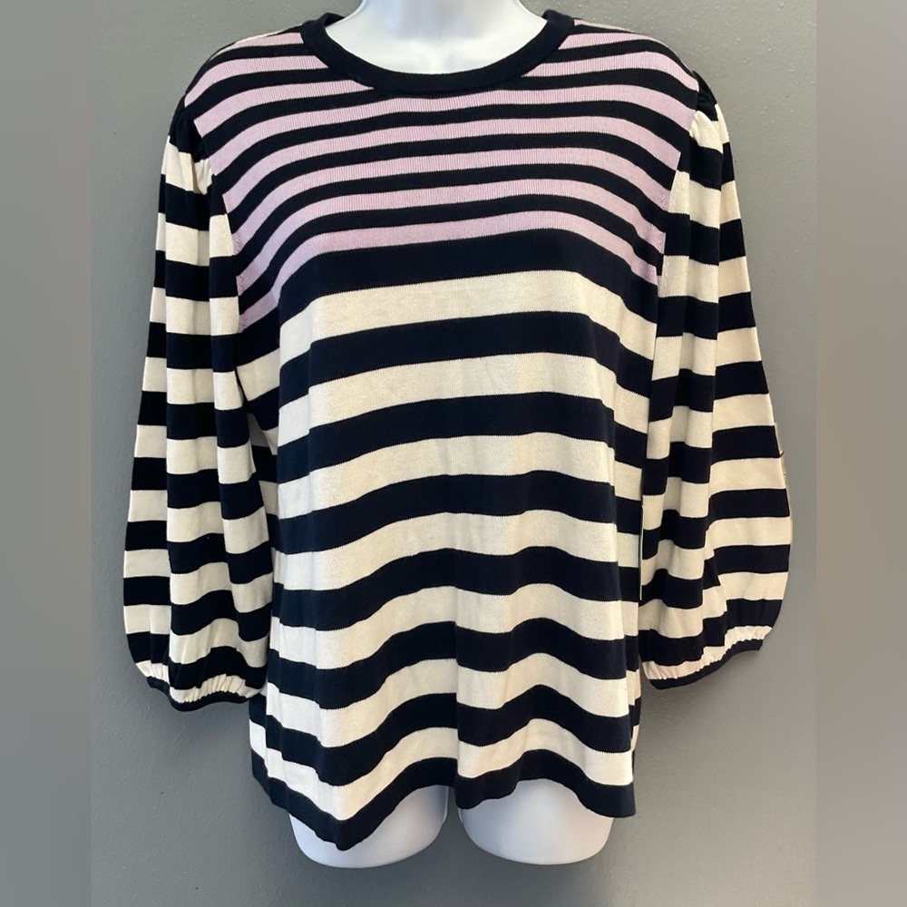 CeCe striped sweater XL balloon sleeve,slight pleated shoulder navy,lilac,white